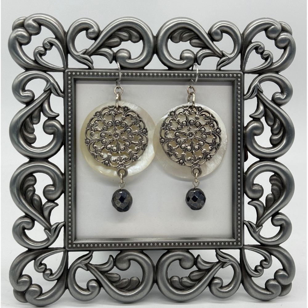 Silver Filigree Mother of Pearl Dangle Earrings Mandala Shell Faceted Bead Boho
